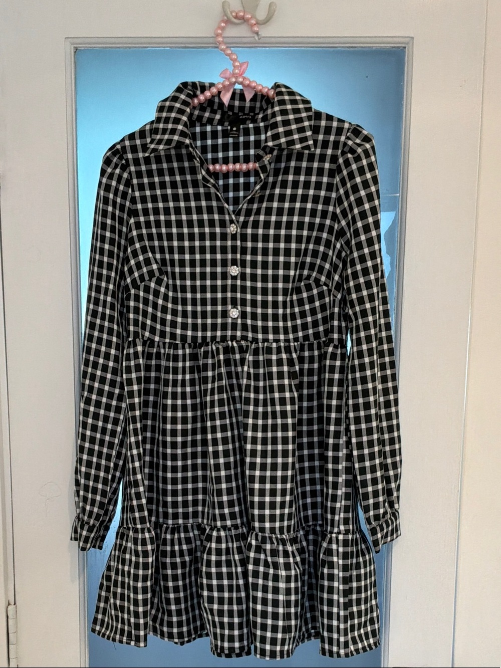 Aqua Black and White Gingham Tiered Shirt Dress